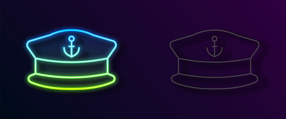 Glowing neon line Captain hat icon isolated on black background. Vector