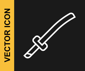 White line Traditional Japanese katana icon isolated on black background. Japanese sword. Vector