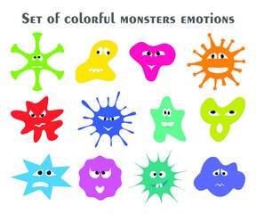 Set of colorful monsters with different emotions. Fantasy cute cartoon characters in flat style. Funny comic emoticons emojis collection for kids. Vector illustration.