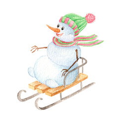 Snowman rides on a sled