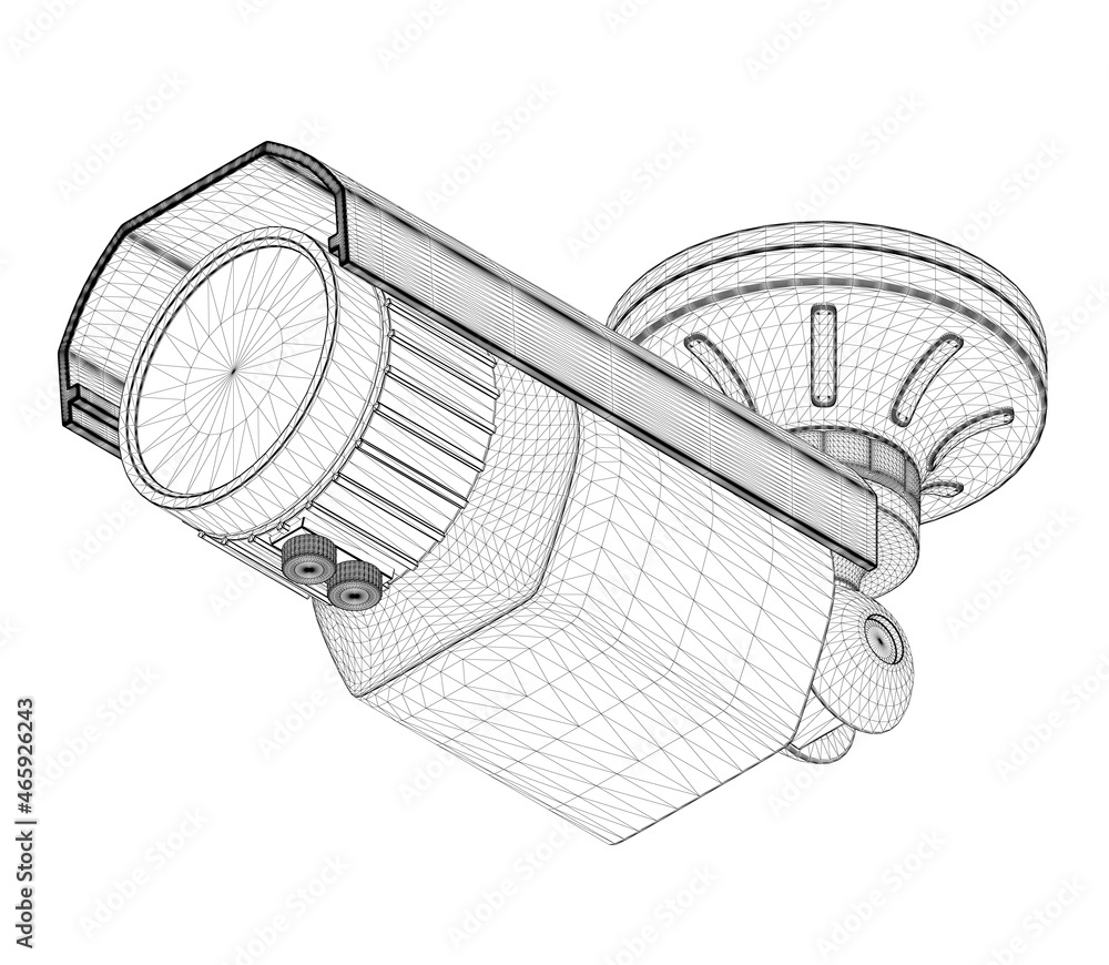 Poster wireframe cctv camera from black lines isolated on white background. bottom view. 3d. vector illustr