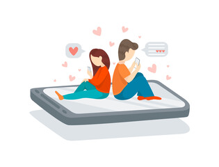 man and woman using smartphone and sitting on the phone with many hearts around, internet love concept. Online dating, correspondence of lovers. Virtual love relationship