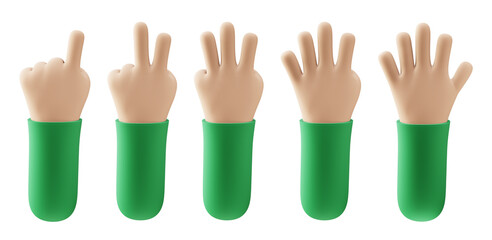 Obraz premium Cartoon person hands counting from one to five with fingers. 3d render of counting hand. Pointing, victory sign, hello gesture