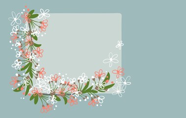 Banner under the photo. White and pink cherry or cherry blossoms on a blue gray background. Vector.