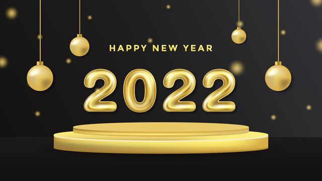 Happy New Year 2022 Background Template on podium. Luxury Holiday Vector Illustration of 3D Balloon Numbers 2022. Luxury 2022 Gold Helium Balloon Numbers Background