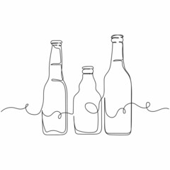 Vector continuous one single line drawing icon of bottles of different beer in silhouette on a white background. Linear stylized.