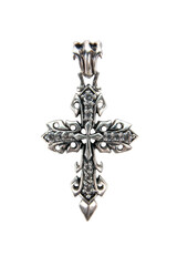 Silver cross with diamonds decoration isolated on white background. Silver christian cross pendant...