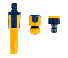 Water nozzle faucet set isolated on white background. Plastic tap faucet group tools isolated