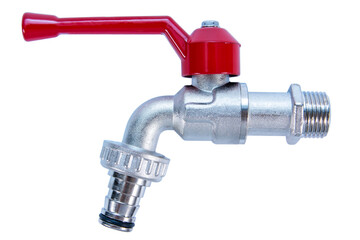 Stainless water faucet isolated on white background. Stainless steel water tap or valve with red...