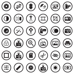 Photography Icons. Black Flat Design In Circle. Vector Illustration.
