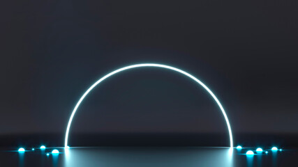 Podium on dark background. Blue violet Led Neon light. 3d render illustration. Empty Base, round pedestal, stand with blank space.Technological abstract background for advertising smartphone, tablet. 