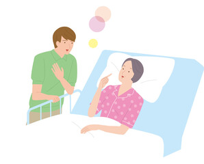 高齢の女性がベッドで寝るのをお世話する男性介護士。ベクターイラスト