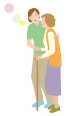 高齢の女性の散歩の手助けをする女性介護士。ベクターイラスト