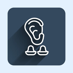 White line Earplugs and ear icon isolated with long shadow background. Ear plug sign. Noise symbol. Sleeping quality concept. Blue square button. Vector