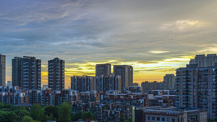 Sunset through the buildings of Wuhan China