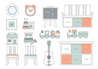 Cartoon kids preschool interior set