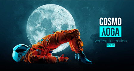 Astronaut doing yoga on the background of the moon and space. Yoga exercises. Vector illustration - obrazy, fototapety, plakaty