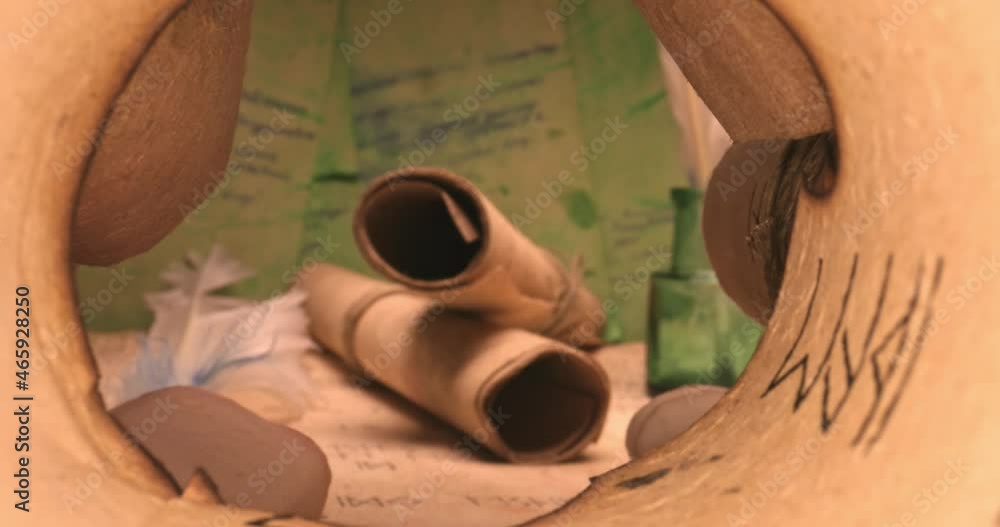 Poster hidden scrolls library. medieval manuscripts library with scrolls on pile.