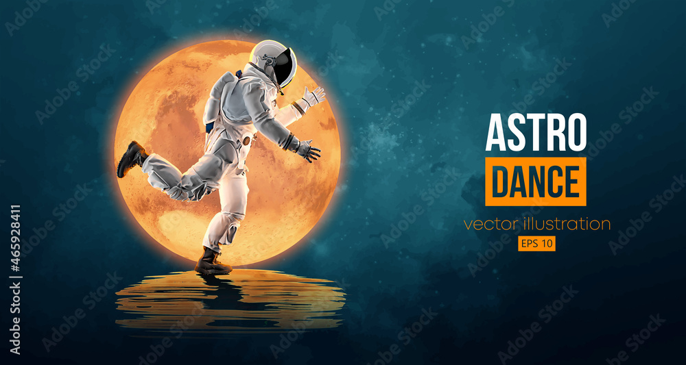 Sticker dancing astronaut on the background of the mars and space. vector illustration