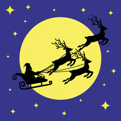 Santa Claus in a sleigh with three reindeer on the background of a starry sky and a huge moon.Vector illustration can be used in festive banners for Christmas and New Year, postcards.textiles.