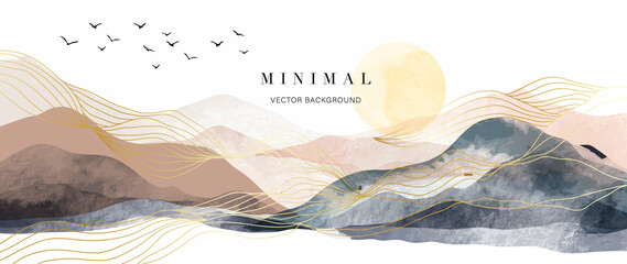 Mountain background vector. Minimal landscape art with watercolor brush and golden line art texture. Abstract art wallpaper for prints, Art Decoration, wall arts and canvas prints.