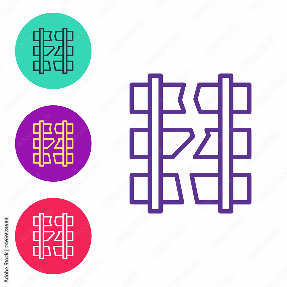 Poster Set line Broken or cracked rails on a railway icon isolated on white background. Set icons colorful. Vector