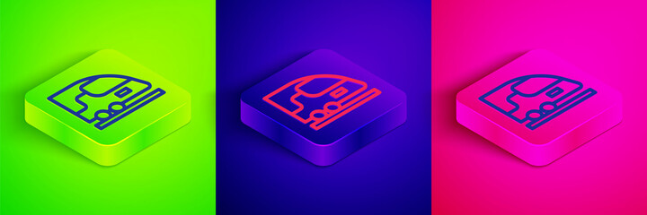 Isometric line High-speed train icon isolated on green, blue and pink background. Railroad travel and railway tourism. Subway or metro streamlined fast train transport. Square button. Vector