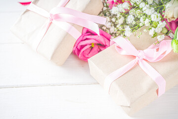 Beautiful spring flowers with gifts