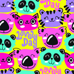 cute hand drawing pattern with animal face. seamless background for baby textiles, fashion, wrapping paper and more