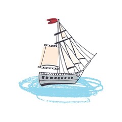 Doodle drawing of passenger ship, classical sailing boat or marine vessel with sail in ocean. Sailboat or yacht in sea journey. Maritime transportation. Colorful hand drawn vector illustration.