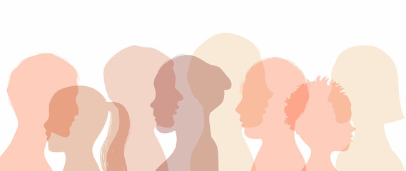 Multiethnic group of people. Silhouette profile group of men and women in earth tone color. Vector illustration.