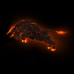 Charging bull with orange lava glow in black background