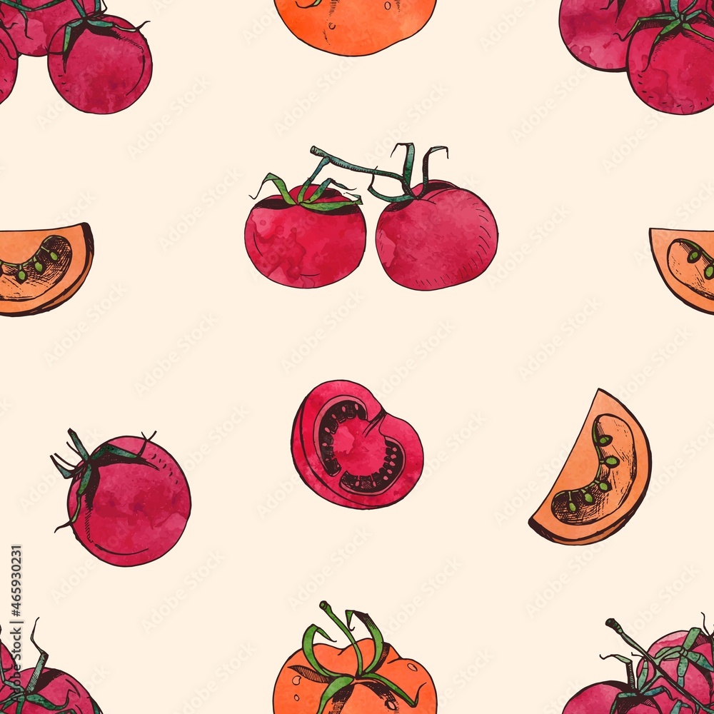 Poster natural seamless pattern with sliced and whole red tomatoes on light background. backdrop with healt