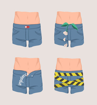 Impotence concept, man problem. Set of hand drawn colorful illustrations.