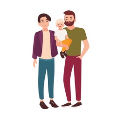 Cute gay couple standing together and holding little child. Pair of smiling men and their kid. Homosexual family. Flat cartoon characters isolated on white background. Colorful vector illustration.