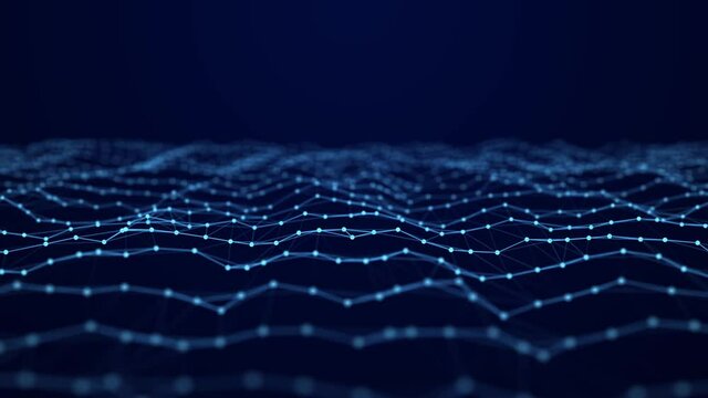 Abstract digital flow particles. Cyber network connection background. Big data visualization. Technology blue backdrop. 3d rendering.