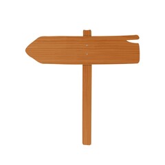 Wooden guideboard made of plank and pole nailed together. Empty signpost with arrow pointing left and showing direction isolated on white background. Design element. Cartoon vector illustration.