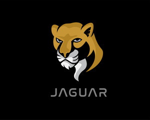 simple elegant head jaguar panther leopard big cat black background logo template illustration
