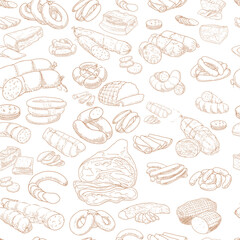 Seamless Pattern of meat products and meat delicacies. Sausages, ham, bacon, lard, salami in sketch style. Background for printing butcher shop packaging