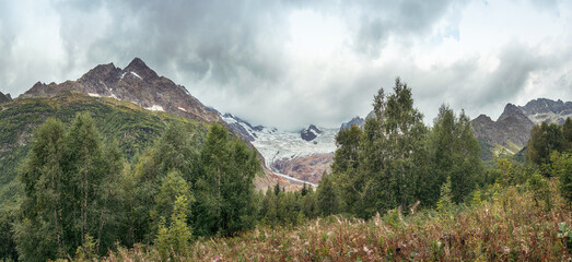 Alibek Glacier is a natural ice in the Teberdinsky Reserve. Karachay-Cherkessia, Russia, 11.09.2021
