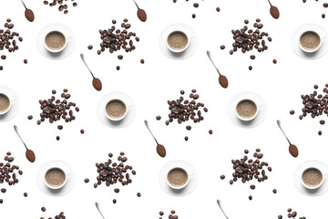 Pattern of cup of coffee and coffee beans on white background. Top view.