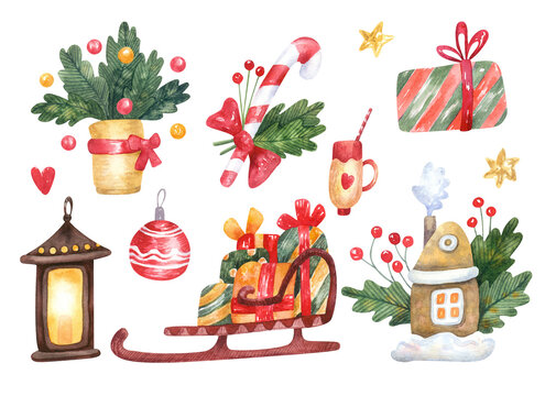 Set with Christmas decorations and sweets. Santa's sleigh, gingerbread house, burning candle lantern.  Hand painted watercolor illustration. Great for greeting cards. Xmas design.