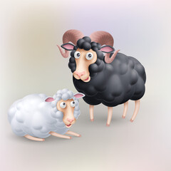 Cute and Funny Two Black and White Sheep Characters. Cartoon Illustration of Pair Sheep. Perfect Template for Children Event Designs, Birthday Cards, or Book Covers