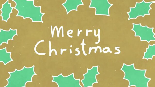 Frame-by-frame animation of handwritten white text "Merry Christmas" surrounded by Christmas leaves on a yellow background