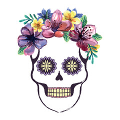 Santa Muerte with a wreath of watercolor flowers; skull; Halloween.
Vector illustration of an ornately decorated Day of the Dead (Dia de los Muertos) sugar skull, or calavera