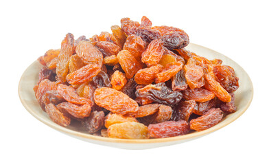 Golden dried raisins in white plate isolated on white background.