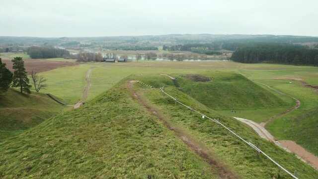AERIAL: Flying off the Top of Mound in Kernave Archaeological site, a Medieval Capital of the Grand Duchy of Lithuania