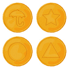 Dalgona vector set Korean traditional sugar candies with triangle, umbrella, circle and star pattern.