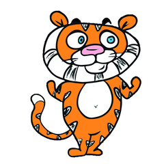 A cute cartoon striped red tiger .Hand-drawn children's vector illustration on a white isolated background for banners.