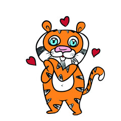 A cute cartoon striped red tiger .Hand-drawn children's vector illustration on a white isolated background for banners.